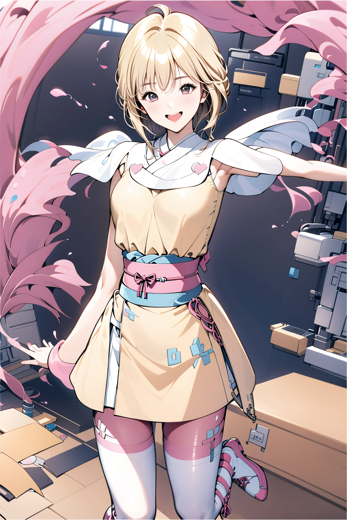 Amano Ai,Alone,1 girl,Full Body,short hair,Brown eyes,White shoes,smile,Open your mouth,boots,Watching the audience,Long sleeve,Blonde,Standing,Yellow short dress, White Pantyhose, White capelet, Pink Obi, Pink Ribbon,Traditional Media, Detailed computer circuit background