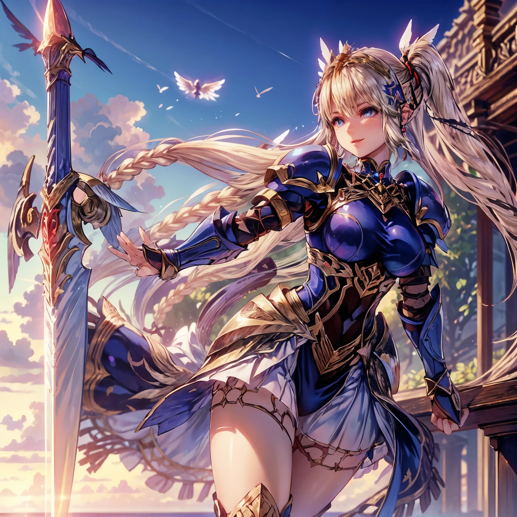 Girl with huge hair in movement, ultra-detailed eyes, beaded eyes, seriousness, hero posture, (((a sword in front of her stuck in the ground))), small round breasts, muscular thighs, big ass, leaves flying in the wind and all around, very blue sky, {extremely detailed 16k CG unit wallpaper}, expansive landscape photography, (a view from below focusing on the character and the sky above), (wide view of open field), ( low angle photo), (high light: 1.5), (low light: 1.2), (warm light source: 1.6), complex details, (iridescent colors: 1.5), (bright lighting), (atmospheric lighting), Dreamy , single, facing the viewer