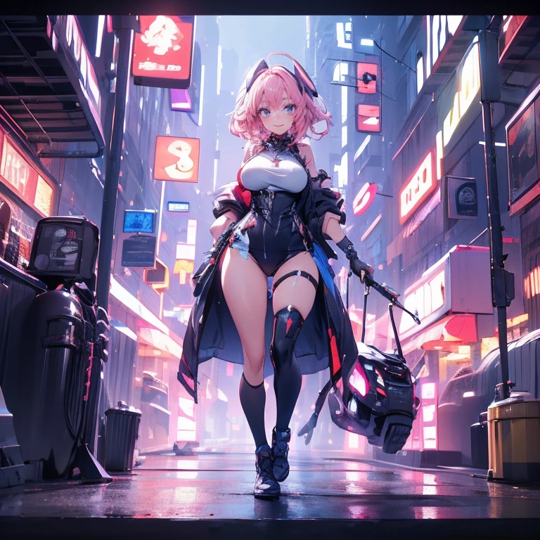Fashion photography of real-life Makima from Chainsaw Man, in an action pose with an amazing camera angle. The setting is a dynamic urban environment, with buildings and neon lights in the background. The composition centers Makima, capturing her mid-movement with a powerful stance. The lighting is dramatic, with intense highlights and deep shadows emphasizing her features