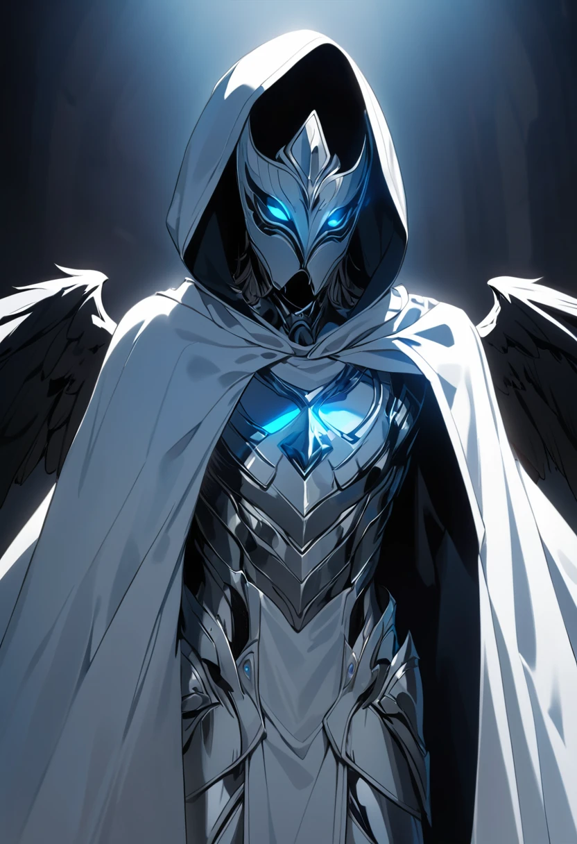 Appearance: Moon Knight appears in white and silver armor, with a dark blue cape, with a hood that partially covers his face, and a pair of black wings, which stand out on his uniform. His face is covered by a mask that hides his identity, with a pair of glowing eyes that stand out in the darkness. He has a firm and confident posture, conveying a sense of authority and mystery, high definition 8k