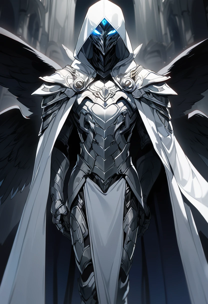 Appearance: Moon Knight appears in white and silver armor, with a dark blue cape, with a hood that partially covers his face, and a pair of black wings, which stand out on his uniform. His face is covered by a mask that hides his identity, with a pair of glowing eyes that stand out in the darkness. He has a firm and confident posture, conveying a sense of authority and mystery, high definition 8k