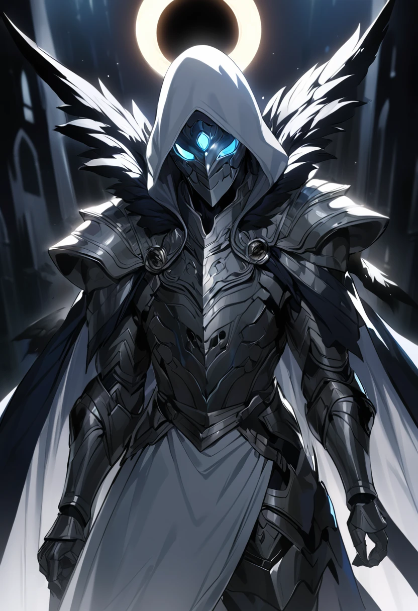 Appearance: Moon Knight appears in white and silver armor, with a dark blue cape, with a hood that partially covers his face, and a pair of black wings, which stand out on his uniform. His face is covered by a mask that hides his identity, with a pair of glowing eyes that stand out in the darkness. He has a firm and confident posture, conveying a sense of authority and mystery, high definition 8k