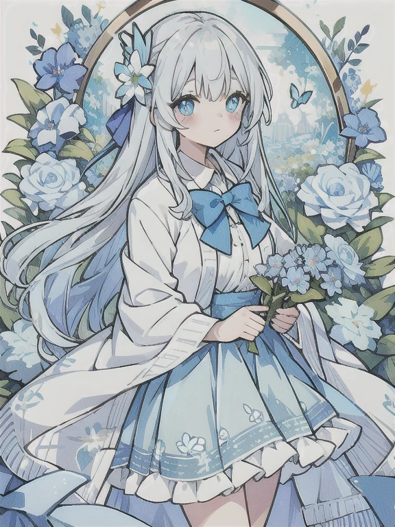 ・Watercolor・White Hair、Very long hair, light blue left eye、Grey right eye, flower-shaped pupil, loose-fitting blouse, light blue cardigan, light blue skirt, grey ribbon on collar, young girl, cute, docile, light blue flower field, light blue bouquet, light blue butterfly, soft light, best quality