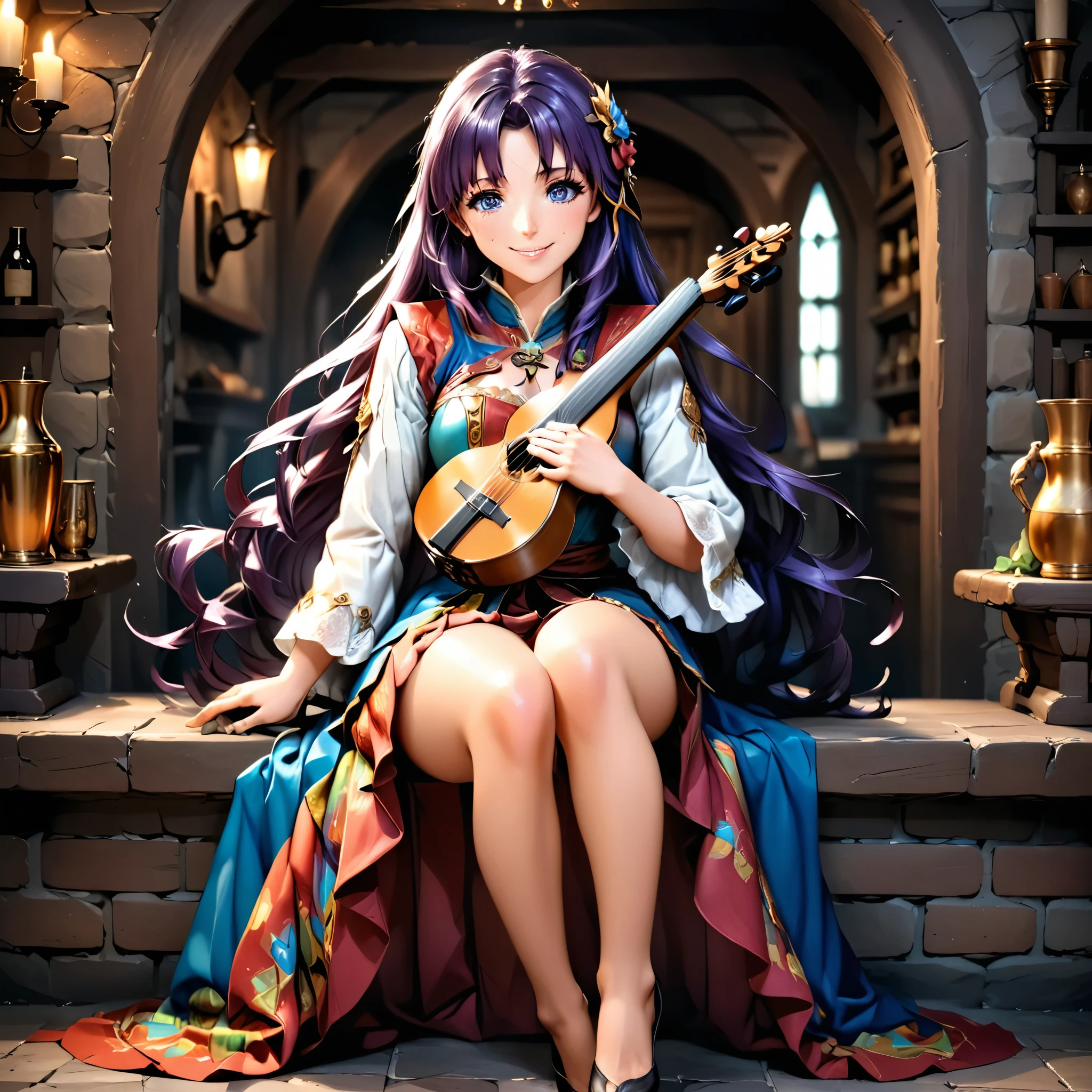 Masterpiece, 4k, HDR, full HD, (best quality), (ultra detailed), (only), (extremely delicate and beautiful fabric), super complex ANIME TYPE, best quality, 1girl, very expressive eyes, deep purple hair , hyper beautiful face, purple hair, perfect anatomy, shiny, oily skin, full body, alone (shiny purple hair, long hair), looking at viewer, bright blue eyes, perfect hands, perfect legs, super detailed clothes, intricate clothes, In a vibrant RPG world, a girl bard travels through distant kingdoms, bringing joy and hope through her music. SHe wears colorful, light clothing, adorned with feathers and leather details. HER lute hangs behind her back, while a flute hangs from her belt. With a charming smile and bright eyes, she sits in a tavern full of adventurers and begins to play a melody that resonates in every corner. Her voice is soft but powerful, capable of inspiring courage or bringing comfort to weary hearts. The magical music that emanates from her fingers not only entertains, but strengthens her allies, filling them with energy and motivation for the battles to come. She has a lute, from which magical notes come out when played,