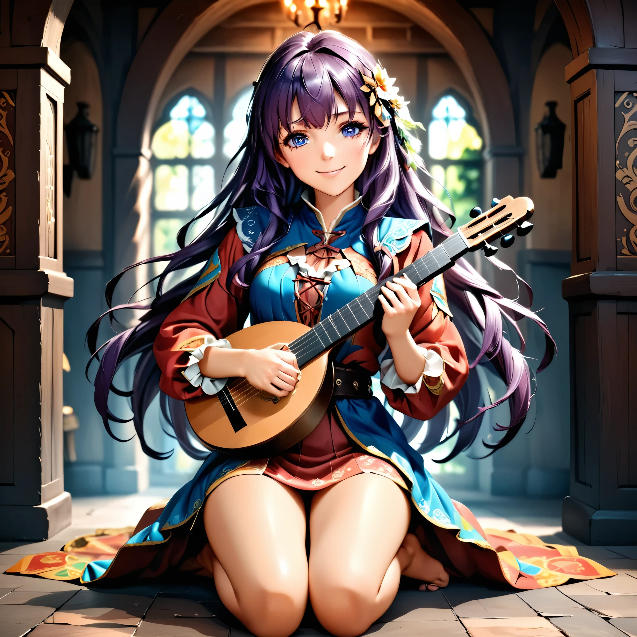 Masterpiece, 4k, HDR, full HD, (best quality), (ultra detailed), (only), (extremely delicate and beautiful fabric), super complex ANIME TYPE, best quality, 1girl, very expressive eyes, deep purple hair , hyper beautiful face, purple hair, perfect anatomy, shiny, oily skin, full body, alone (shiny purple hair, long hair), looking at viewer, bright blue eyes, perfect hands, perfect legs, super detailed clothes, intricate clothes, In a vibrant RPG world, a girl bard travels through distant kingdoms, bringing joy and hope through her music. SHe wears colorful, light clothing, adorned with feathers and leather details. HER lute hangs behind her back, while a flute hangs from her belt. With a charming smile and bright eyes, she sits in a tavern full of adventurers and begins to play a melody that resonates in every corner. Her voice is soft but powerful, capable of inspiring courage or bringing comfort to weary hearts. The magical music that emanates from her fingers not only entertains, but strengthens her allies, filling them with energy and motivation for the battles to come. She has a lute, from which magical notes come out when played,