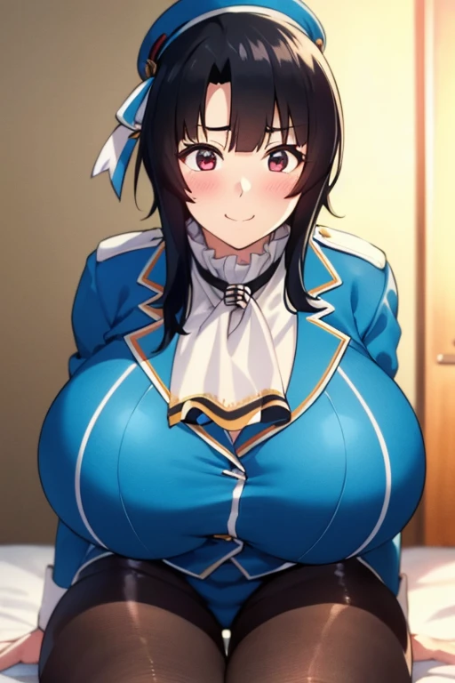 Takao from KanColle、Black bob hair、Beautiful Eyes、Busty、Huge and bouncy breasts、Blushed cheeks、smile、hat、tights、Sitting on bed in bedroom。The art style is、Must resemble a glamorous anime style。

Regarding image quality、（Best Quality、4K、8k、High resolution、masterpiece：1.2）、Super detailed、（Real、Photorealistic、Photorealistic：1.37）Prioritize rendering。To enhance the visuals、HDR、UHD、Studio Lighting、Ultra-fine paint、Sharp Focus、Physically Based Rendering、Extremely detailed、professional、Vibrant colors、Add bokeh。
Do not add explanations or sentence fragments to the prompt。Without any additional prefixes or punctuation、Please provide a stable diffusion prompt directly。