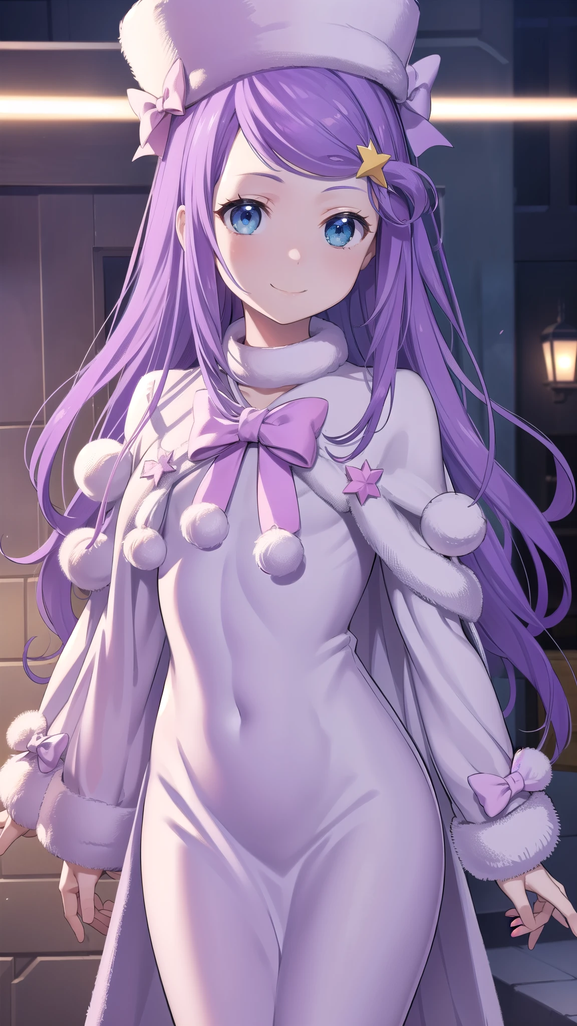 Anastasia Hoshin, Anastasia Hoshin, Long Hair, blue eyes, Purple Hair, Swept-apart bangs,
break hair ornament, Long sleeve, Have, dress, bow, star \(symbol\), white dress, Fur trim, White headwear, pink bow, Pom-pom \(Clothes\), star hair ornament,
break looking at viewer,
break (masterpiece:1.2), Best Quality, High resolution, Unity 8K Wallpaper, (figure:0.8), (Beautiful fine details:1.6), Highly detailed face, Perfect lighting, Highly detailed CG, (Perfect hands, Perfect Anatomy),smile