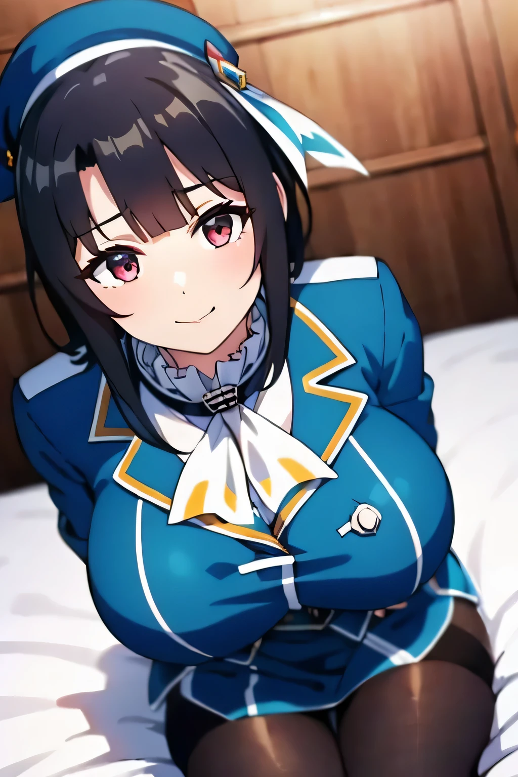 Takao from KanColle、Black bob hair、Beautiful Eyes、Busty、Huge and bouncy breasts、Blushed cheeks、smile、hat、tights、Sitting on bed in bedroom。The art style is、Must resemble a glamorous anime style。

Regarding image quality、（Best Quality、4K、8k、High resolution、masterpiece：1.2）、Super detailed、（Real、Photorealistic、Photorealistic：1.37）Prioritize rendering。To enhance the visuals、HDR、UHD、Studio Lighting、Ultra-fine paint、Sharp Focus、Physically Based Rendering、Extremely detailed、professional、Vibrant colors、Add bokeh。
Do not add explanations or sentence fragments to the prompt。Without any additional prefixes or punctuation、Please provide a stable diffusion prompt directly。