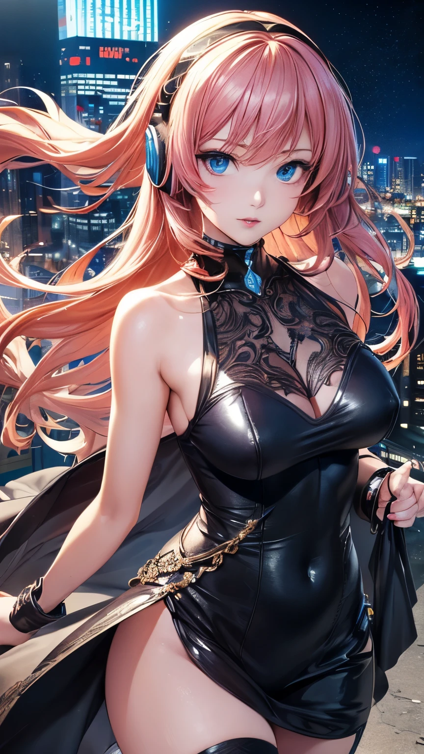 Megurine Luka，Pink long hair，((Lukadef, headphones, pelvic curtain, thighhighs))，((Clear blue eyes))，((Cyberpunk art))，((4K，8k，CG Unity，Masterpiece，masterpiece，Best Quality:1.5))，Official image，Perfectly correct anatomy，((Realistic:1.2))，Bust Up，((Staring intensely at the camera))，((Sing with enthusiasm, holding a microphone))，A pose that attracts men，The most beautiful woman in the world，Supermodel，Beautiful and detailed skin texture，Beautiful Lips，Very detailed acrylic painting，Very beautiful and smooth hair，Professional Lighting，Perfectly correct hand shape，Intricate details，((Skyscraper night view background))，((Very strong wind))