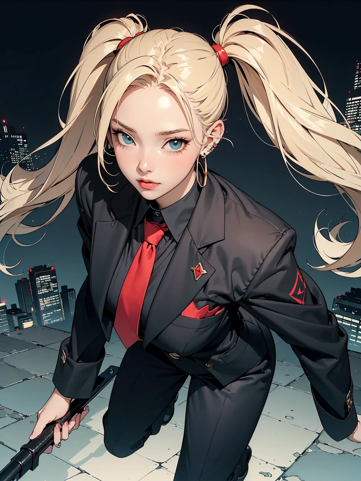 ((A young girl is wearing a black suit)). ((A red tie)). ((Earrings)). ((Accessories)). ((Her familiar is a cute, anime-style fox)). Full-body. She is standing, ((holding a large weapon)). Fighting. In a combat pose, battling alongside her familiar. She is a realistic young woman with glossy, long blonde hair tied into twin tails, with bangs falling over her forehead. Her ((highly detailed eyes)) are emerald green, cold, and sharp, giving off a cool and smart vibe. Her youthful appearance is characterized by thin eyebrows and thin lips. ((A decayed city)). Blood. ((Colorful)). ((Cyberpunk)). ((Dark horror)). ((Death game)). ((Top quality)). ((Ultra-detailed)).