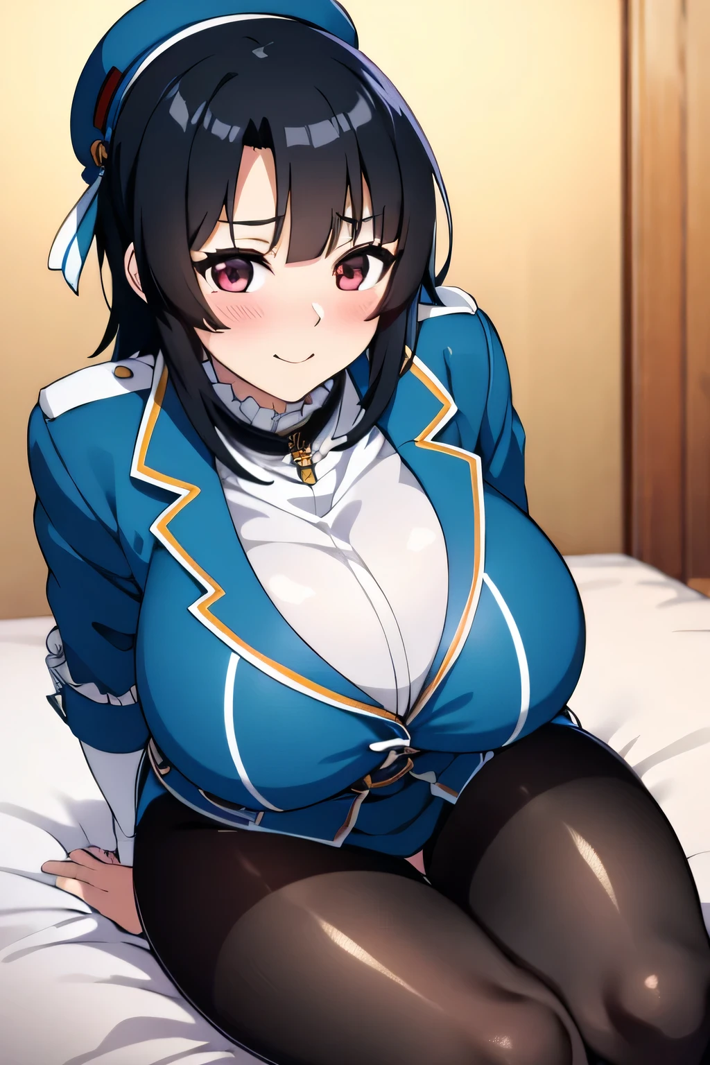 Takao from KanColle、Black bob hair、Beautiful Eyes、Busty、Huge and bouncy breasts、Blushed cheeks、smile、hat、tights、Sitting on bed in bedroom。The art style is、Must resemble a glamorous anime style。

Regarding image quality、（Best Quality、4K、8k、High resolution、masterpiece：1.2）、Super detailed、（Real、Photorealistic、Photorealistic：1.37）Prioritize rendering。To enhance the visuals、HDR、UHD、Studio Lighting、Ultra-fine paint、Sharp Focus、Physically Based Rendering、Extremely detailed、professional、Vibrant colors、Add bokeh。
Do not add explanations or sentence fragments to the prompt。Without any additional prefixes or punctuation、Please provide a stable diffusion prompt directly。