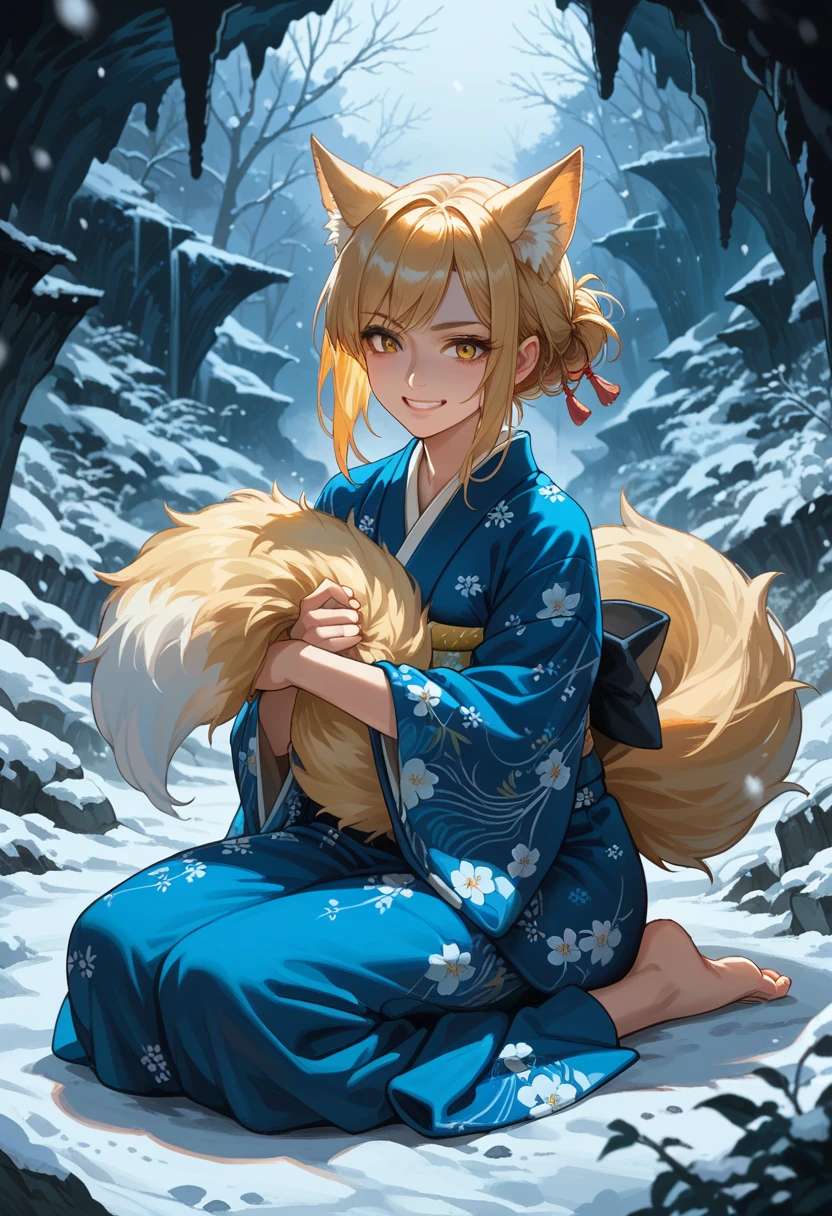 score_9, score_8_up, score_7_up, source_anime,1girl,solo,floral pattern,kimono, blue white and yellow, fox girl, night , snow storm, sitting on the ground , action pose, fluffy tail,hugging own tail, holding own tail, bright smile, deep cave 