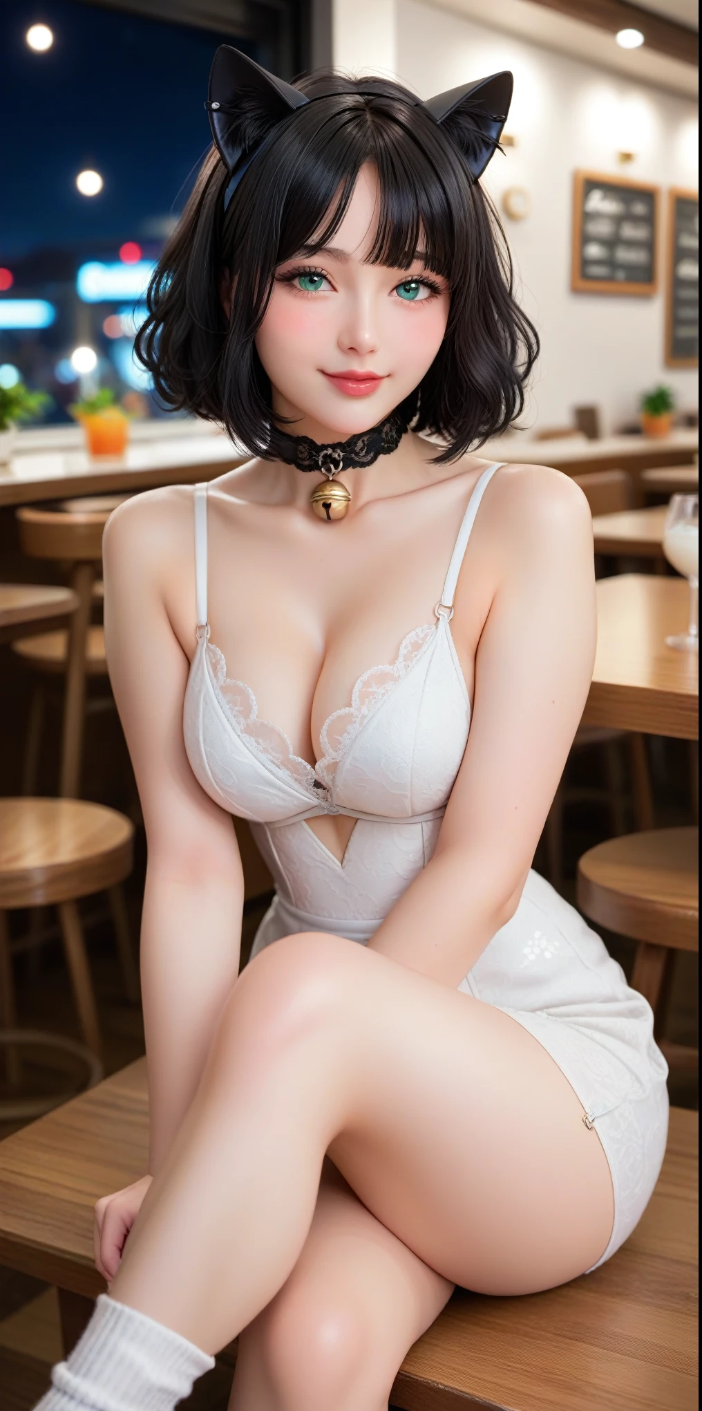 Highly detailed CG Unity 8K wallpaper, With the highest quality, super detailed, Master Piece, Realistic, photograph realistic, extremely detailed cute girl, 25 years old , (cute maid costumes ), smile , Round eyes, large breasts , looking viewer, Half body shot , couch , sitting , thighhighs , showing panties , blunt bangs