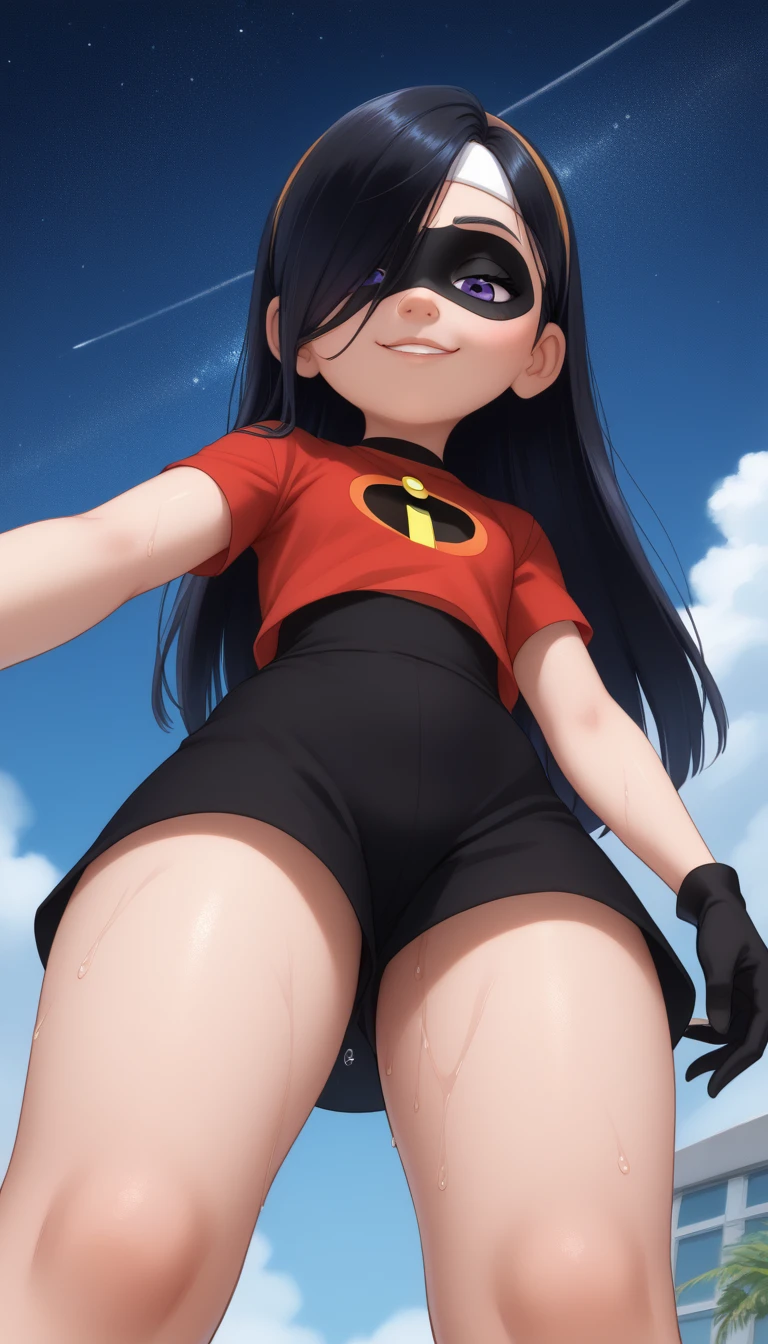 score_9, score_8_below,
VioletParr,1 girl, black hair, Long hair, side strip, purple eyes, (hair covers the eye:1.1), Mask, headband, collant preto,exposed legs,thick thighs,gloves, Knee high,
Selfie,wet legs,focus only, half-closed eyes, smiling, low angle portrait, 
starry sky,