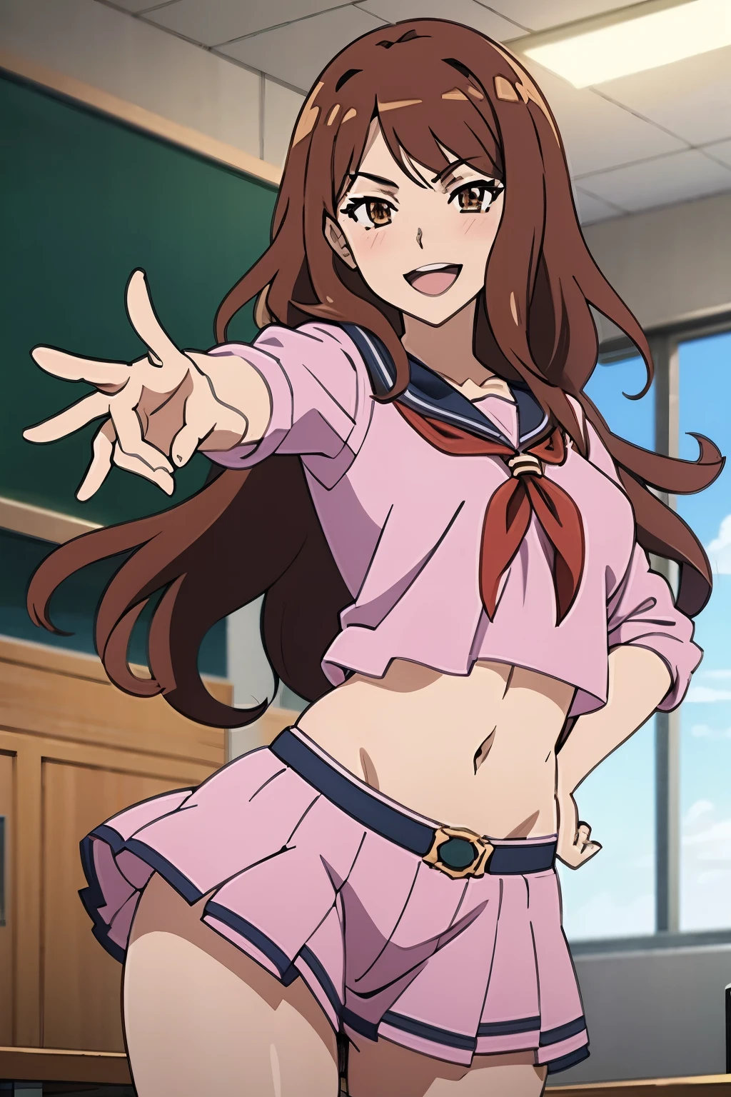 1 girl, (solo), ((amanogawaki)), best quality, highres, high quality, 8k, HD, super detail, anatomically correct, UHD, accurate, (masterpiece:1.2), (high quality:1.0), (ultra detailed), (no Background), (White Background), (Front View), (Smug Grin), Looking at viewer, Brat, (Blue White Uniform), Uniform Skirt, Adult, Yellow Headband, (((Purple Panty Pull))), undressing, Uniform Skirt