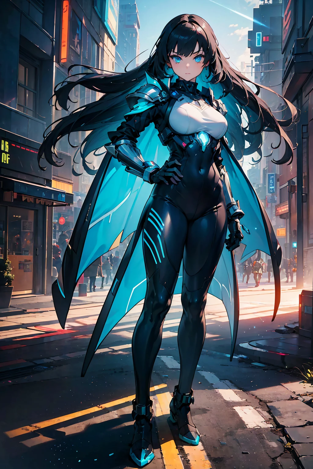 (((masterpiece, best quality, high detailed, 16k))) (1girl) A powerful and sleek woman, dressed in high-tech armor that pulses with neon blue circuits. Her eyes are glowing green, and her hands manipulate holographic interfaces with ease. She stands in a futuristic cityscape filled with towering skyscrapers and flying vehicles, her armor reflecting the lights of the city. In her hand, she holds a futuristic weapon that seems to shift in form as needed. ((full body)), ((extremely detailed)).

