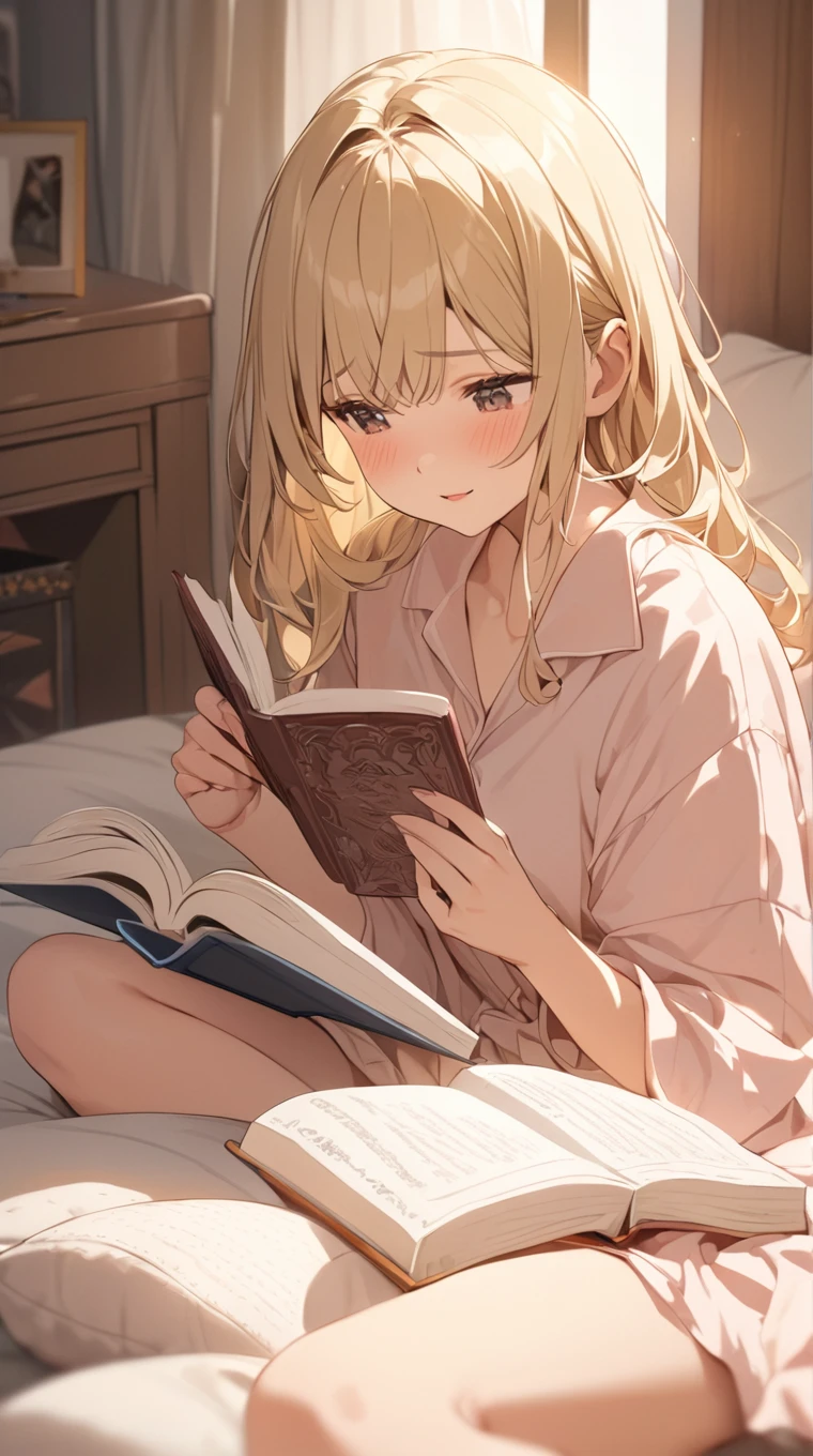 Girl with long blonde hair wearing a long white t-shirt sitting on a couch in a skirt and no panties reading a book 