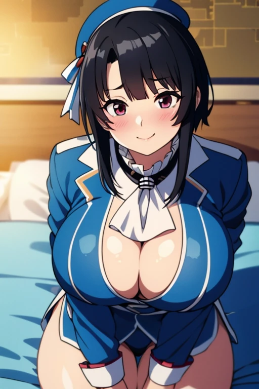 Takao from KanColle、Black bob hair、Beautiful Eyes、Busty、Huge and bouncy breasts、Blushed cheeks、smile、hat、tights、Sitting on bed in bedroom。The art style is、Must resemble a glamorous anime style。

Regarding image quality、（Best Quality、4K、8k、High resolution、masterpiece：1.2）、Super detailed、（Real、Photorealistic、Photorealistic：1.37）Prioritize rendering。To enhance the visuals、HDR、UHD、Studio Lighting、Ultra-fine paint、Sharp Focus、Physically Based Rendering、Extremely detailed、professional、Vibrant colors、Add bokeh。
Do not add explanations or sentence fragments to the prompt。Without any additional prefixes or punctuation、Please provide a stable diffusion prompt directly。