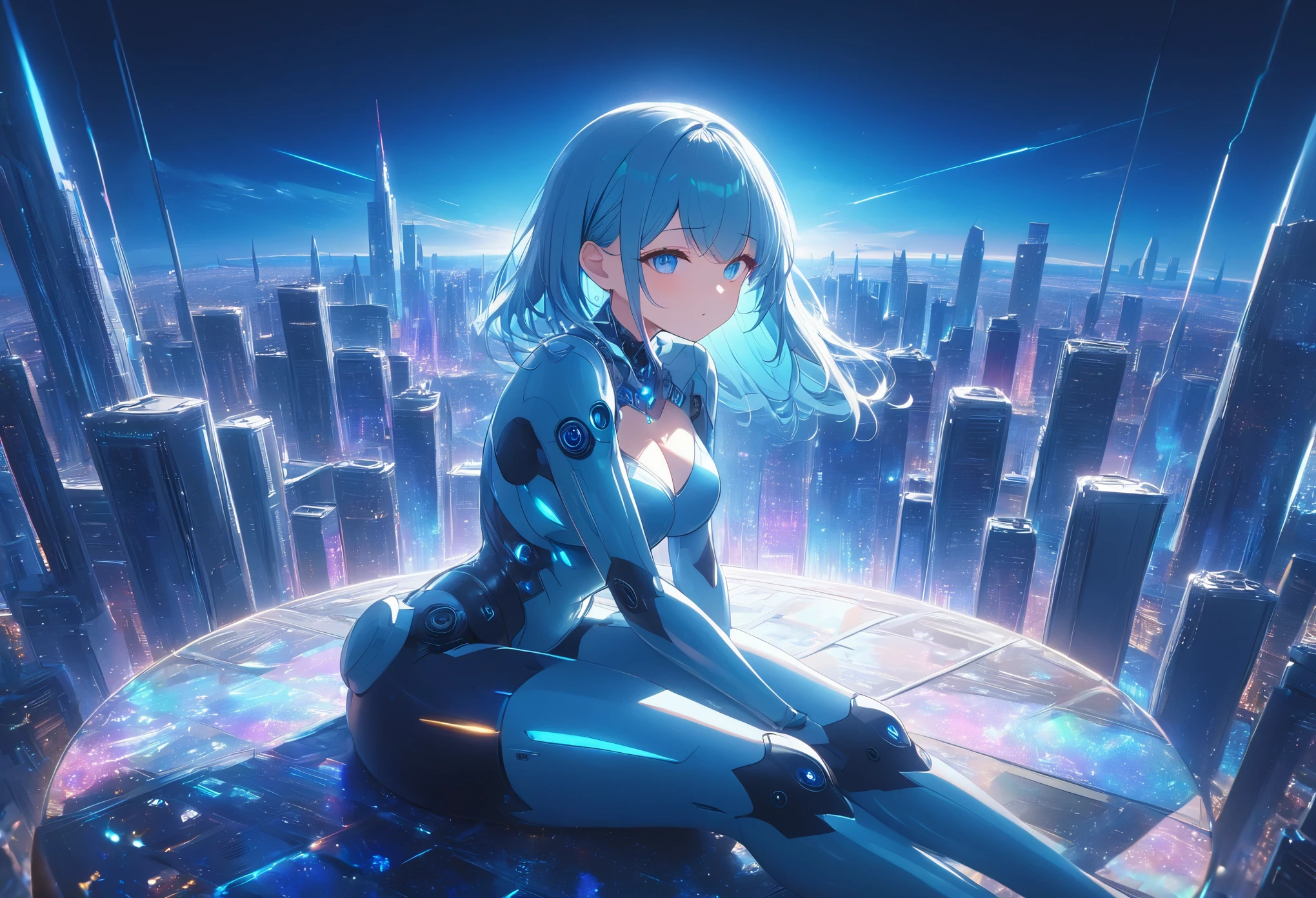 UHD, ((masterpiece)), (super detail:1.2), high quality, best quality, highres, 8k, cinematic lighting, sparkle, motion lines, Metallic body, sky blue hair, psychedelic, sky blue coated body, sky blue Metal Suit, (Sit with her knees hugged), sitting, Cyber ​​city, megalopolis, moonlight, 1 lady, solo