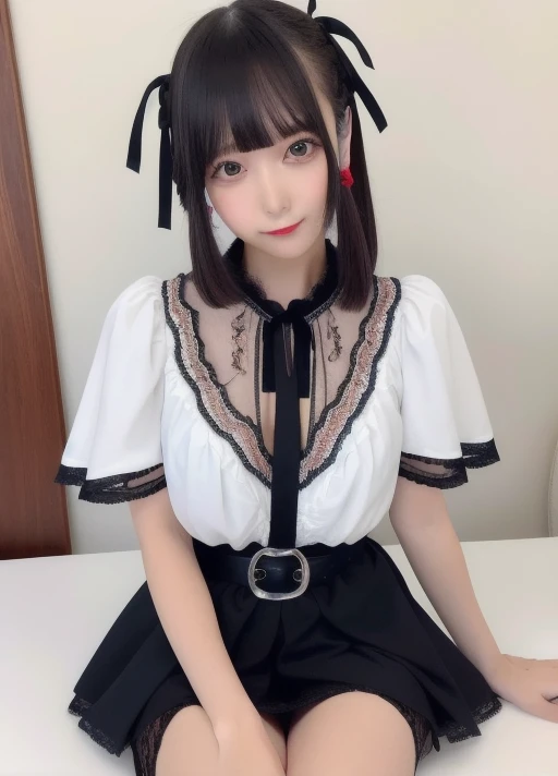 masterpiece,Best Quality,Skirt Solo, One girl, bangs, View your viewers,zip side combat boots 
buckle suspension short skirt
white blouse with lace
black tie_ribbon
Red eyeshadow