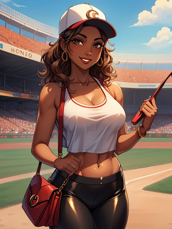 1girl, solo, wavy hair, amber-colored irises, tan-bronze skin, a mature and alluring woman in her mid-40s, she’s a Latino woman from Colombia, she's a baseball fan, red lipstick, mascara is applied to her face. (Carrying a handbag:1.3). (Wearing: Red baseball cap, skimpy red crop-top, Golden belly button piercings, Gucci branded black leather leggings). There is an amused smile on her face, she’s standing. Background: outdoors, baseball stadium
