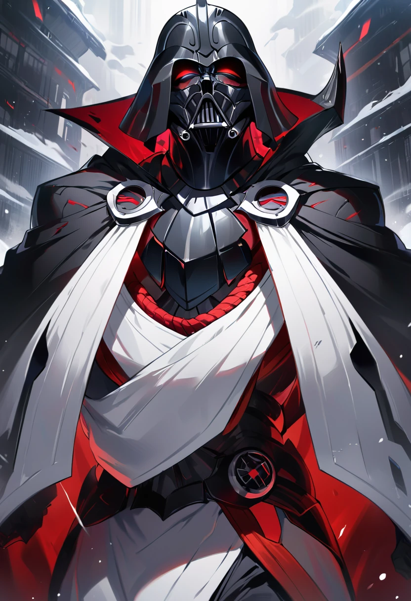 In terms of appearance, Darth Vader would be adapted for the Bleach universe as an Arrancar with a unique appearance. He would have black armor with red details and a helmet with a respirator that covers his face. His presence would be menacing and imposing, reflecting his cold and ruthless personality, high definition 8k