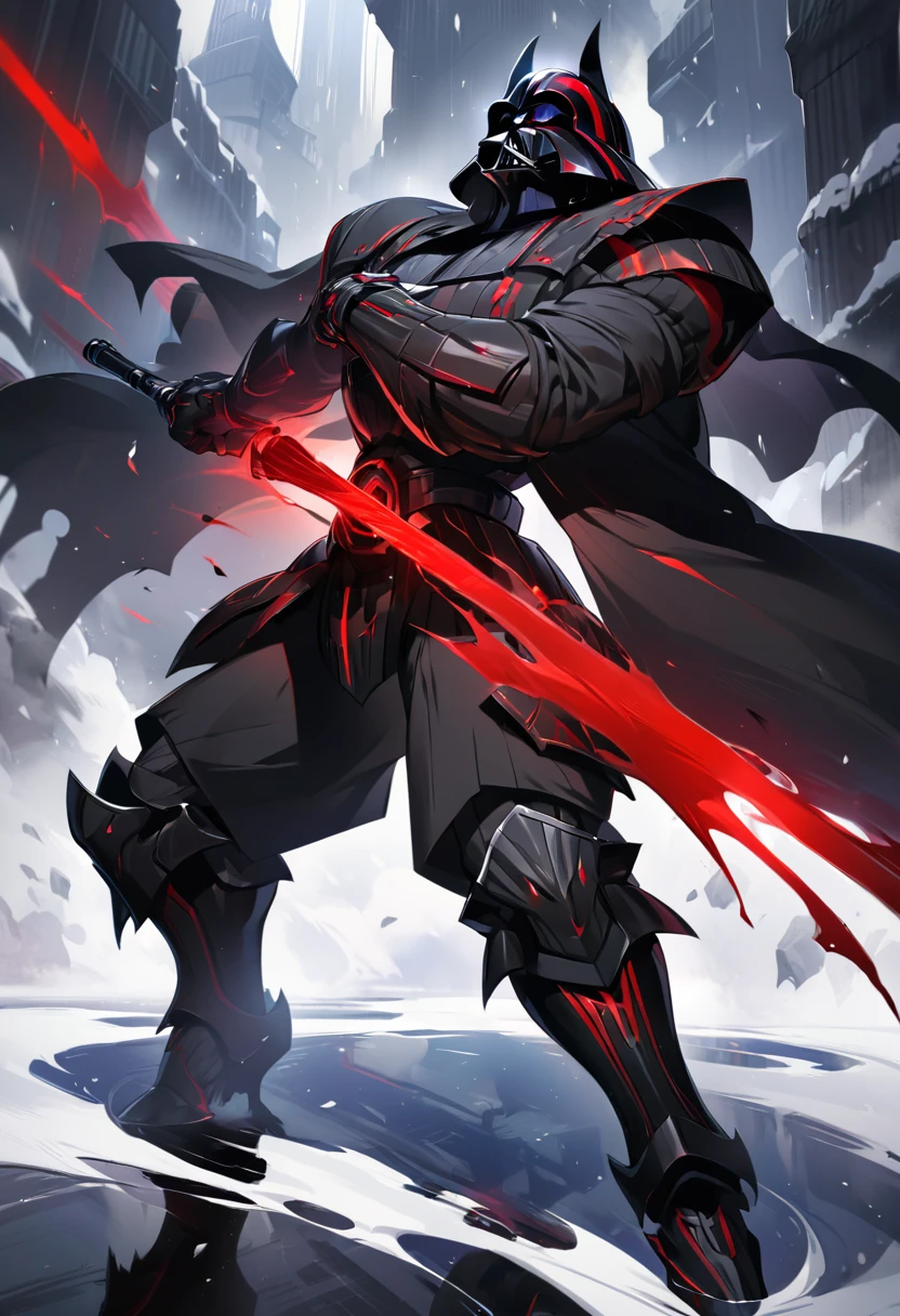 In terms of appearance, Darth Vader would be adapted for the Bleach universe as an Arrancar with a unique appearance. He would have black armor with red details and a helmet with a respirator that covers his face. His presence would be menacing and imposing, reflecting his cold and ruthless personality, high definition 8k