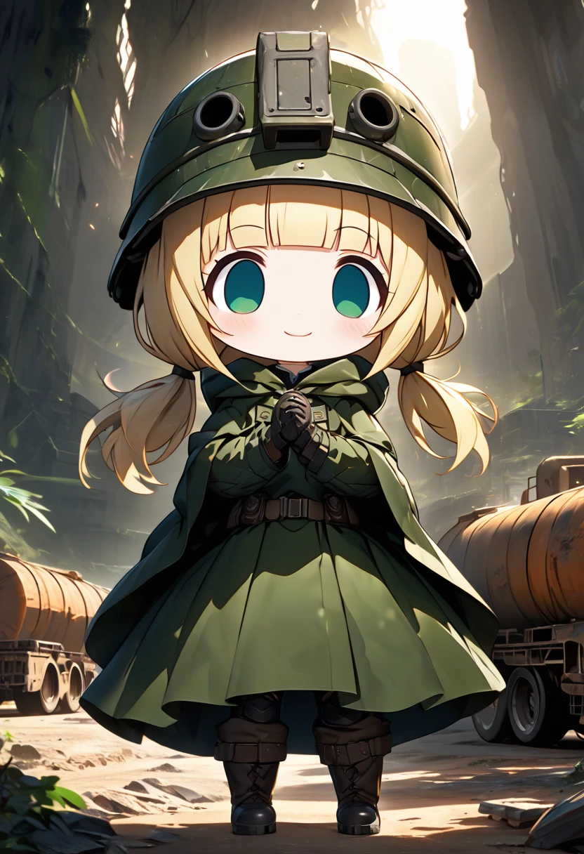 cute chibi character girl, grenade launchers in both hands, blonde low ponytail, blunt bangs, cute big round eyes, wearing green military uniform, dark green hooded cloak robe, helmet, background wilderness, rusty freight cars, conceptual installation art, various effects, delicate and dynamic textures, contrasts of light and shadow, 2.5D, digital graphic CG, BREAK ultra detailed, absolutely resolution, best quality