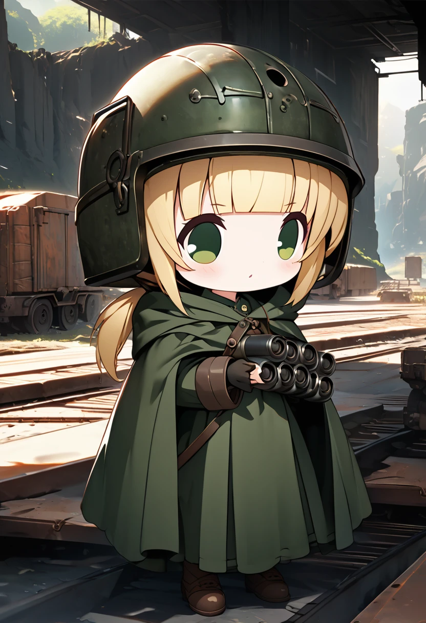 cute chibi character girl, grenade launchers in both hands, blonde low ponytail, blunt bangs, cute big round eyes, wearing green military uniform, dark green hooded cloak robe, helmet, background wilderness, rusty freight cars, conceptual installation art, various effects, delicate and dynamic textures, contrasts of light and shadow, 2.5D, digital graphic CG, BREAK ultra detailed, absolutely resolution, best quality