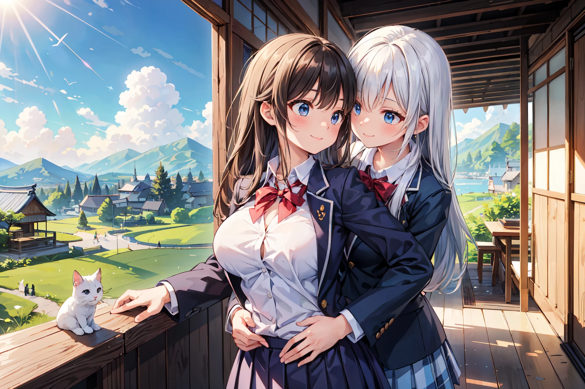 (((Masterpiece, 16k, Highest quality, Ultra-high resolution, Depth of subject))), ((Very detailed, Japanese countryside scenery)), (((High school girl in blazer uniform, 2 people, skirt, Big Breasts))), ((Beautiful girl in great detail)), (((Very accurate body structure, Very precise body movements))), ((Very cute smile)), On the way home, 3pm, A peaceful landscape with a view of the sea, Warm sunshine, Grass Park, chat, We love each other, Touching each other's breasts, Naughty feelings, The love is unstoppable, hug, Very accurate perspective