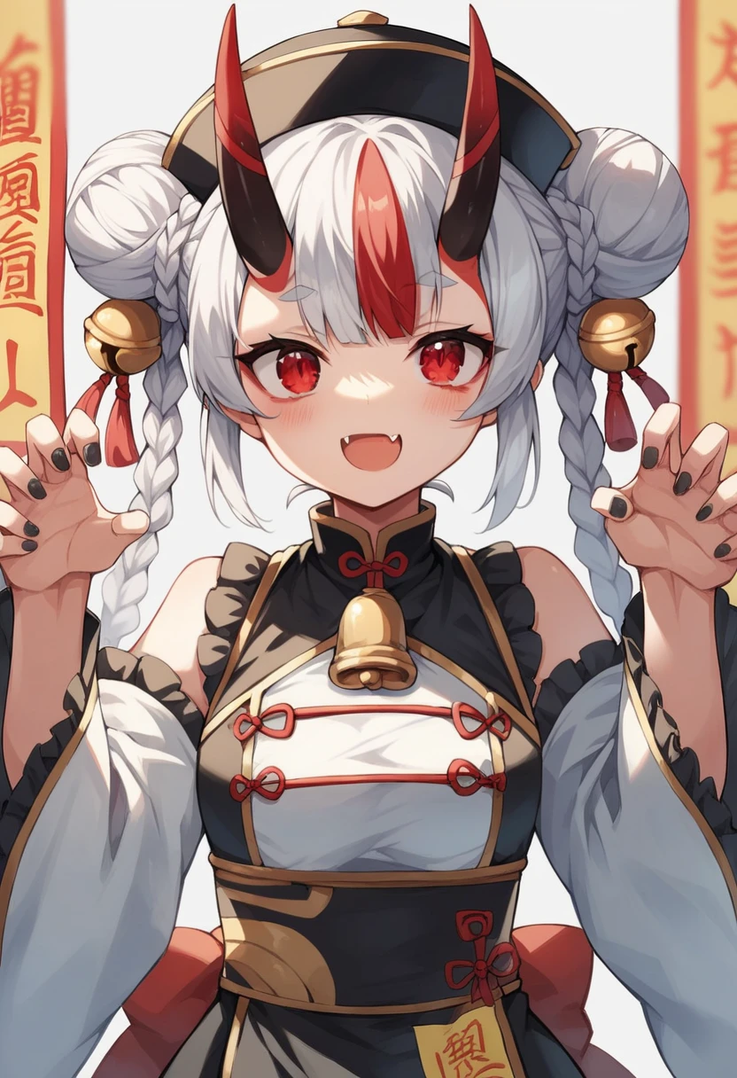 masterpiece, best quality, pov, 1girl, heart-shaped chocolate, grey hair,  long hair, chocolate, holding with two hands, dripping, surprised, [wide-eyed], wavy mouth, closed mouth, blush, dragon girl, gold trim, dragon horns, horns, dragon tail, quipao, cheongasm, gloves, fingerless gloves, red dress, (cleavage cutout, cleavage:0.25), long hair, looking at viewer, chinese dress, east asian architecture, outdoors, torii, bridge, upper body shot, heart ahoge, fingernails, wide hips, (hot, sweat:1.1), black thighhighs, chocolate on body, scales, jewelry,