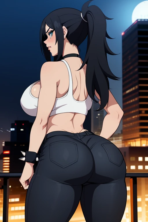 20 year old woman, busty, bubble butt, hourglass figure, skinny, blushing, scared expression, horny, seductive, black hair, long hair, spiky hair, messy hair, ponytail hair, wearing white sports bra, cropped white tank top, black jeans, thong, heeled boots, choker, cleavage, middrift, anime, city at night, outside, punk, punk style, punk hair, doujin style, manga, flat colours, 2d manga, cowboy shot, action pose, heavy makeup, kissable lips, 2d art, anime, bare arms, seen from behind, looking over shoulder