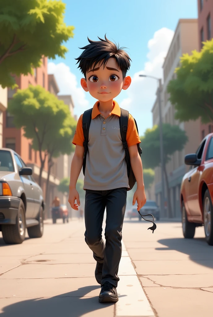 Pixar style poster of young Latino student dressed in black pants and light grey polo shirt with orange collar and sleeves, black shoes. Walking to school "INED".