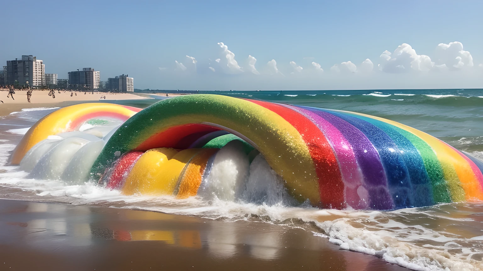 Rainbow Foam, multicolor, Practical, masterpiece, Text written in Foam "Foam", At the seaside, Islands covered in Foam,