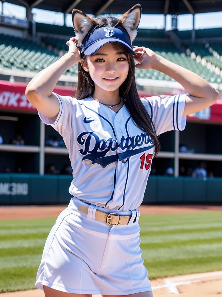 （8K、Raw photography、Highest quality、masterpiece：1.2),(Black Hair、Dark Eyes:1.9),(:1.6)、View your audience,Viewed from the front,White skin,(Baseball uniform:1.4)、(Tight waist:1.6)、(Clothes that accentuate the shape of the breasts:1.0)、(Big Breasts :1.3)、Slim figure、Ultra-high resolution,beautiful,beautiful fece,(One person、No background:1.9),whole bodyボディー,Japanese women,（reality的：1.37）、Photon Mapping,reality、(Baby-faced and cute: 1.4)、(Cute Smile: 1.8)、(Round face: 1.8)、Radio City、Physically Based Rendering、Depth of field rally background、photograph, (I can see your knees、Thigh close-up:1.8),（:1.6）,whole body、Great quality