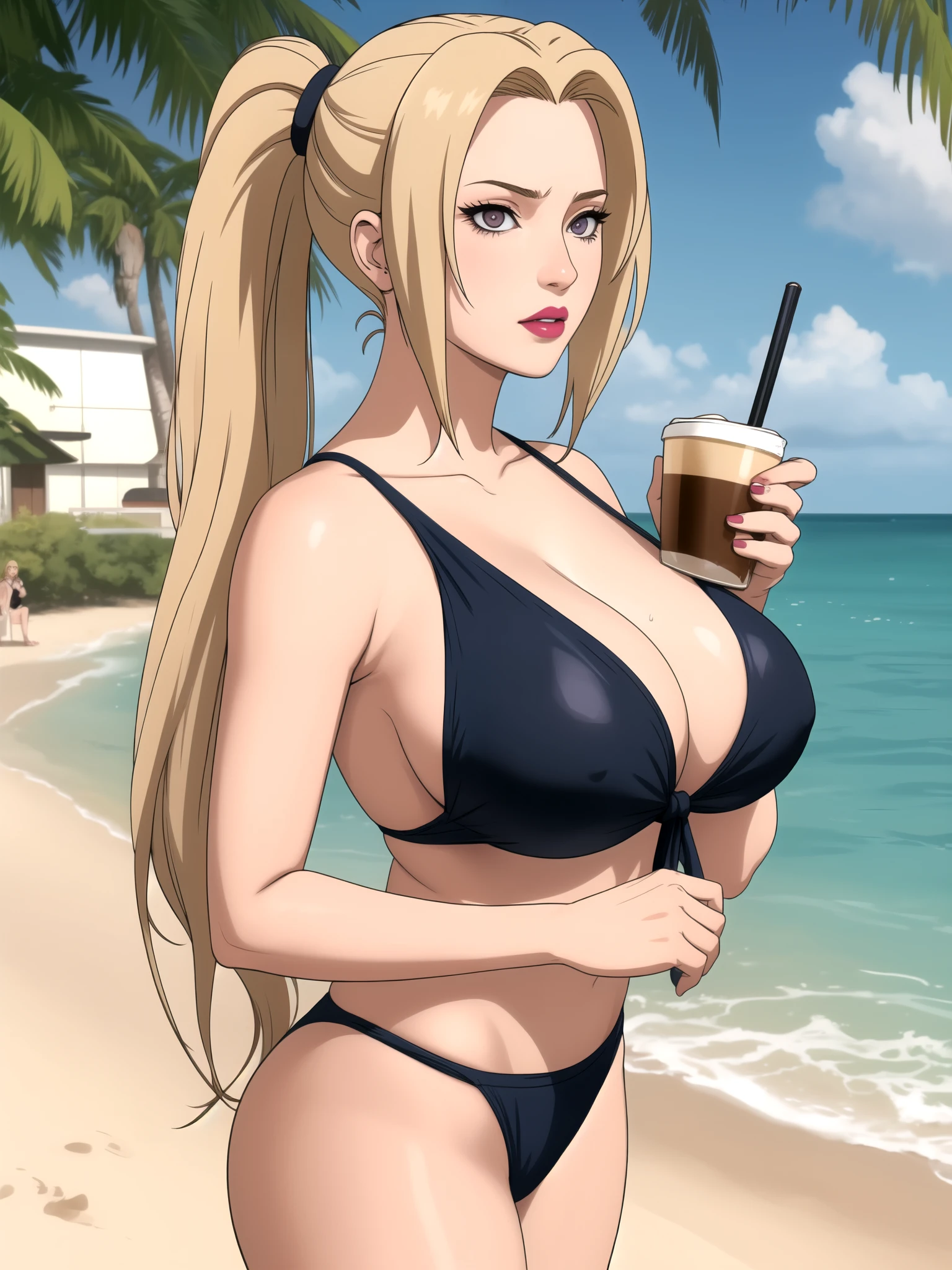 Tsunade Senju. Tsunade is already over 60 years old, but she is easily confused with a twenty-year-old girl. She has long, blonde hair tied in two ponytails. Her eyes have a pleasant coffee shade. Her lips are painted with pink lipstick. The character is short-tempered and impatient. Huge saggy breasts. bbw. swimsuit. beach