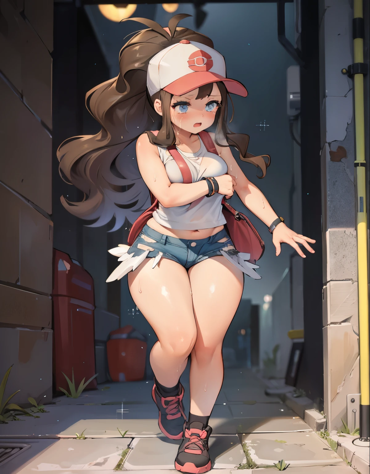(best quality,4k,8k,highres,masterpiece:1.2),ultra-detailed,(realistic,photorealistic,photo-realistic:1.37)highres,portrait,beautiful girl, ultra-detailed, realistic:1.37, sketches, 1trainerleaf1, full body, sleeveless shirt, black wristbands, visible thighs,red skirt,blue shirt, loose socks, white footwear,sexy pose,smile,upskirt,white panties,brown hair, hat, brown eyes,beautiful detailed eyes,long lashes,beautiful eyes, anime style eyes, perfect hands, dinamic pose, loved look, open mouth, smile, encanto femenino, pokeballs, a girl crawling inside a ventilation tunnel, view from behind, detailed face and hands, extremely realistic, 8K, highly detailed, photorealistic, intricate details, ambient occlusion, cinematic lighting, dramatic shadows, moody atmosphere, warm color tones, beautiful texture, intricate mechanical patterns, claustrophobic environment, dramatic lighting, intense detail, hyper-realistic, cinematic camera angle, depth of field, high quality, masterpiece