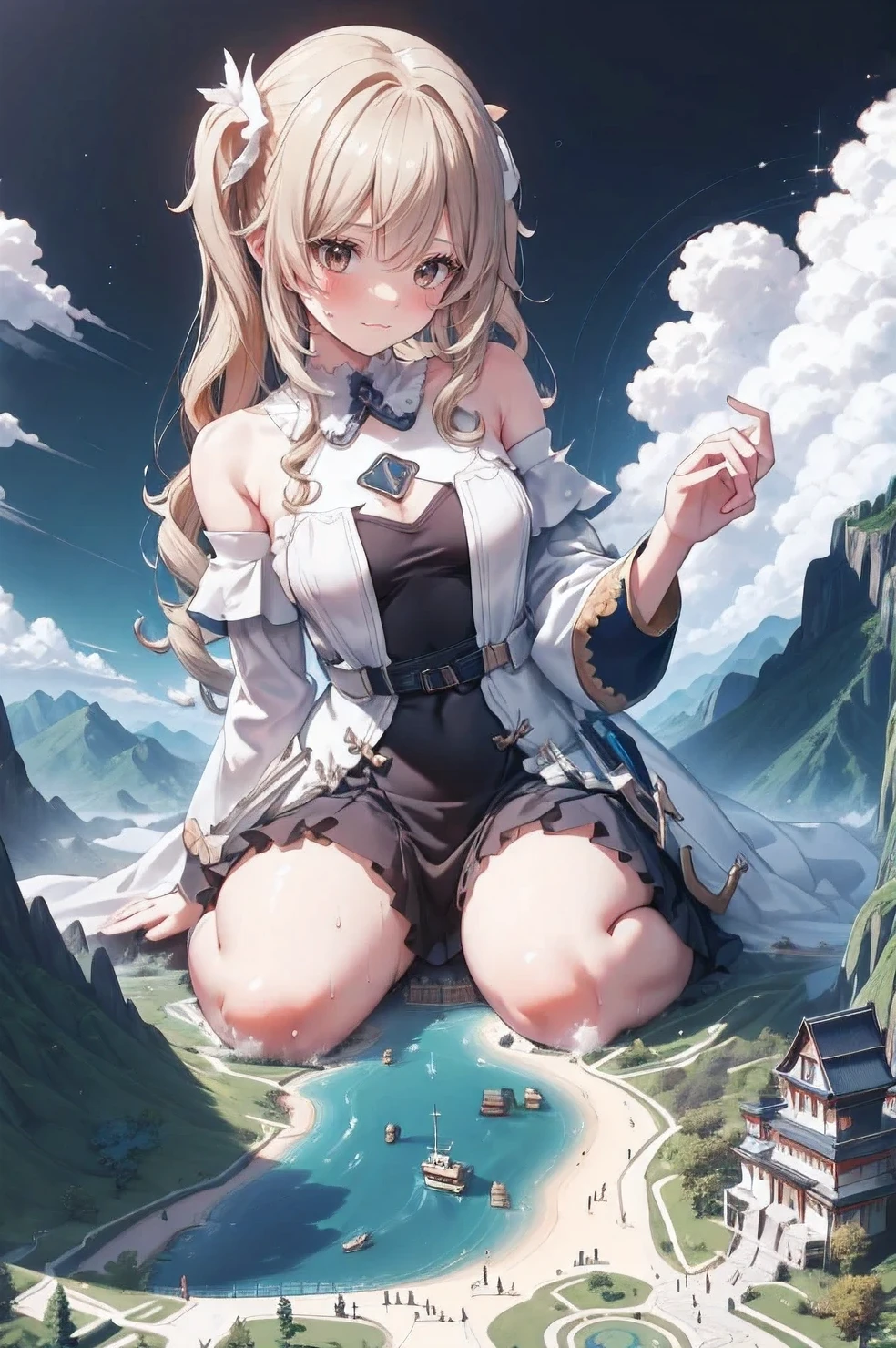 Busty、(Nipples:1.2), (beautiful mature woman: 1.2), Very detailed, beautiful, Drawn by a professional, Bright sky, Shiny detailed chest, (perfect beautiful skin), (tiny villages of people on a cliff in front of a giant breasts: 1.2), (a tiny village on a tiny hill in front of the breasts of a giant: 1.2), a giant looming over a tiny village on a tiny hill, (The little adventurers: 1.1), (少女の目の前の小さなA small village on the cliff: 1.1), (A small village on the cliff: 1.1), giant girls in the background, Simple Background, (Dark Deep Forest:1.1), giant girls in the background, Multiple Girls, (giant:1.1), (foreshortening:1.2), (giant:1.2), Laugh proudly, Sitting, hills, cliff, Mountain々, (Sweaty:1.2), A faint smile, Medieval dress