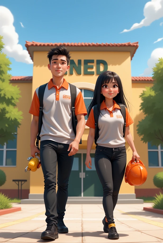 Pixar style poster of 2 young Latino students (male and female), dressed in black pants and a light grey polo shirt with an orange collar and sleeves, black shoes. Walking to the "INED" school with an electrician's helmet and tools in hand.