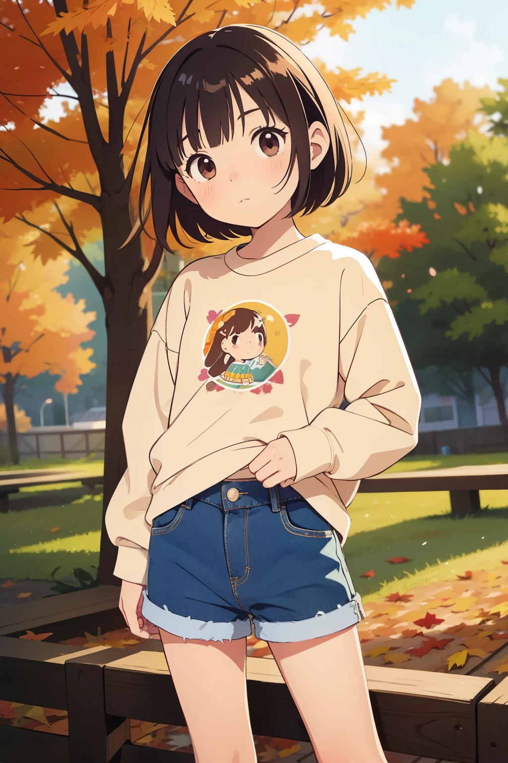 Actual image, Alone, Very young ，Girlish，Small children，elementary school girl，Very short，Flat bust，Very short legs，Thin limbs，Sweatshirt and denim cutoffs with fringed hem. abdomen. Thin thighs and a round little ass, beautiful, colorful, Super detailed, 16k, Studio Ghibli style，Autumn Night，beautiful日没，Autumn leaves，