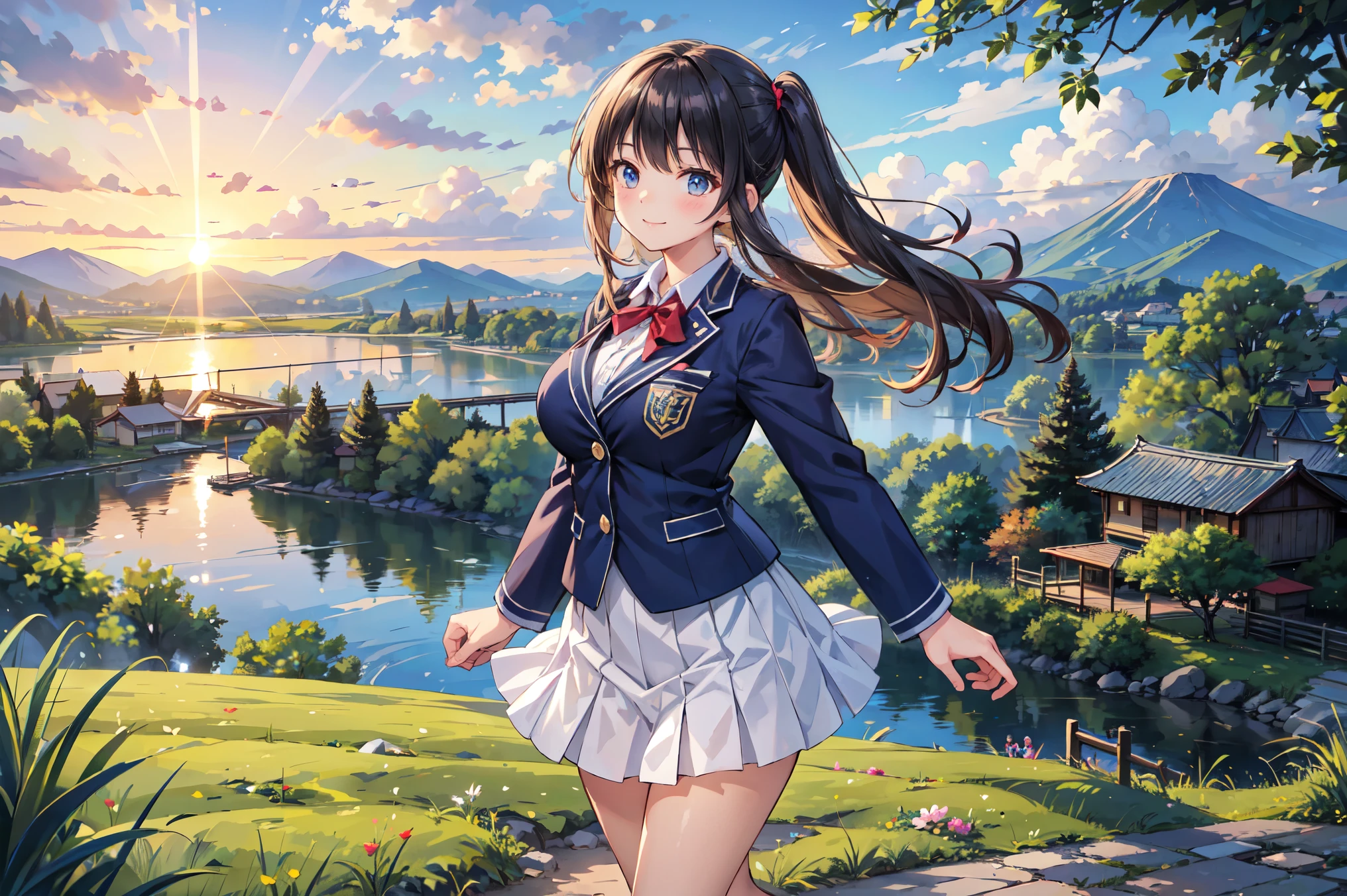 (((Masterpiece, 16k, Highest quality, Ultra-high resolution, Depth of subject))), ((Very detailed, Japanese countryside scenery)), (((High school girl in blazer uniform, 2 people, skirt, Big Breasts))), ((Beautiful girl in great detail)), (((Very accurate body structure, Very precise body movements))), ((Very cute smile)), On the way home, 3pm, A peaceful landscape with a view of the sea, Warm sunshine, Grass Park, chat, We love each other, Touching each other's breasts, Naughty feelings, The love is unstoppable, hug, Very accurate perspective