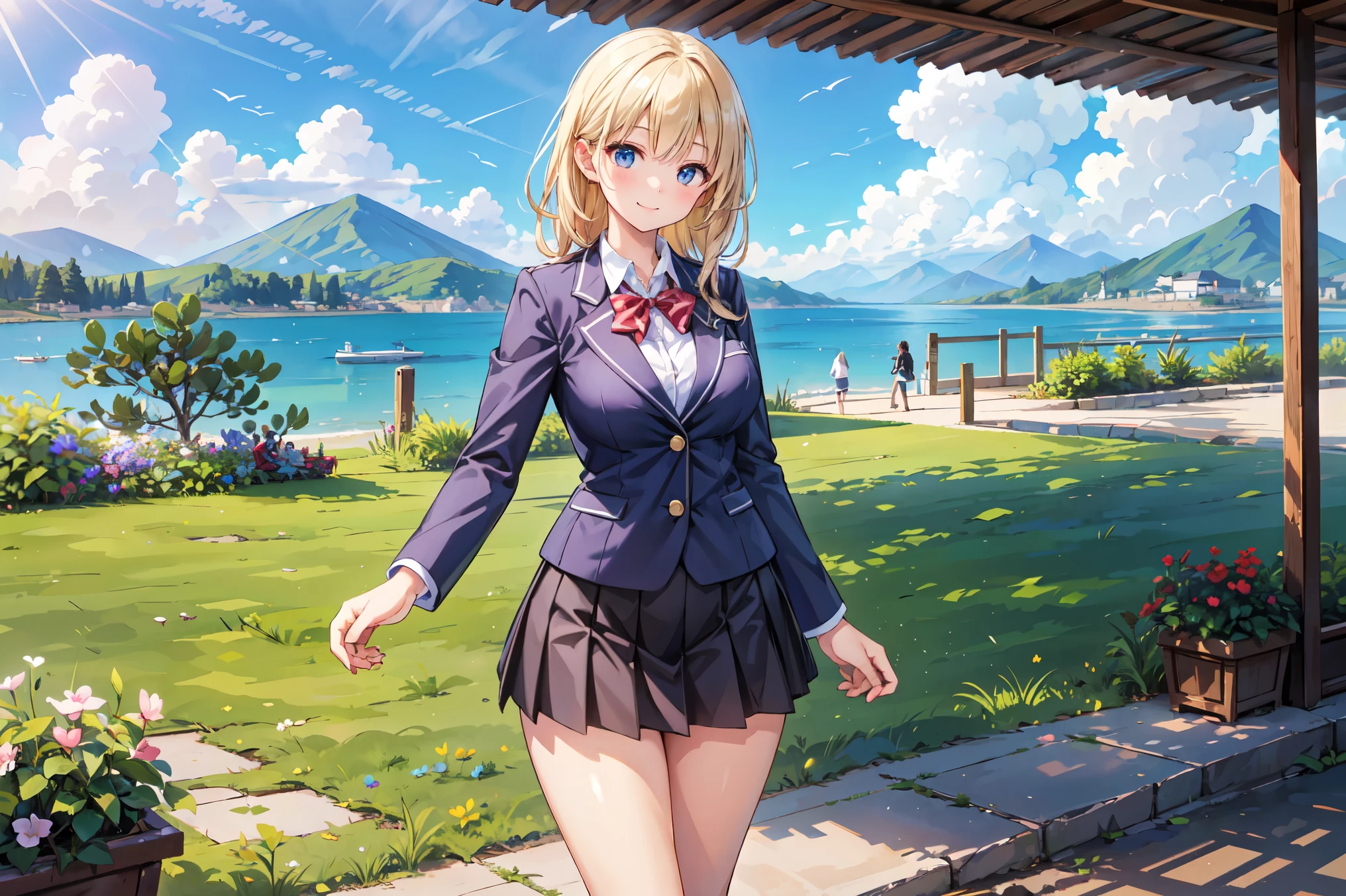(((Masterpiece, 16k, Highest quality, Ultra-high resolution, Depth of subject))), ((Very detailed, Japanese countryside scenery)), (((High school girl in blazer uniform, 2 people, skirt, Big Breasts))), ((Beautiful girl in great detail)), (((Very accurate body structure, Very precise body movements))), ((Very cute smile)), On the way home, 3pm, A peaceful landscape with a view of the sea, Warm sunshine, Grass Park, chat, We love each other, Touching each other's breasts, Naughty feelings, The love is unstoppable, hug, Very accurate perspective