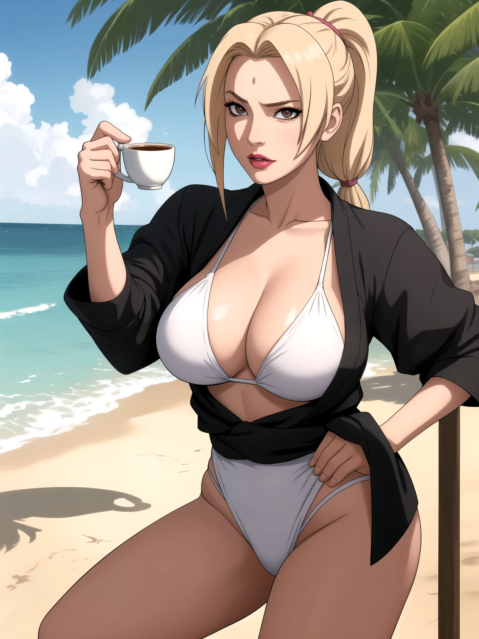 Tsunade Senju. Tsunade is already over 60 years old, but she is easily confused with a twenty-year-old girl. She has long, blonde hair tied in two ponytails. Her eyes have a pleasant coffee shade. Her lips are painted with pink lipstick. The character is short-tempered and impatient. Huge saggy breasts. bbw. swimsuit. beach