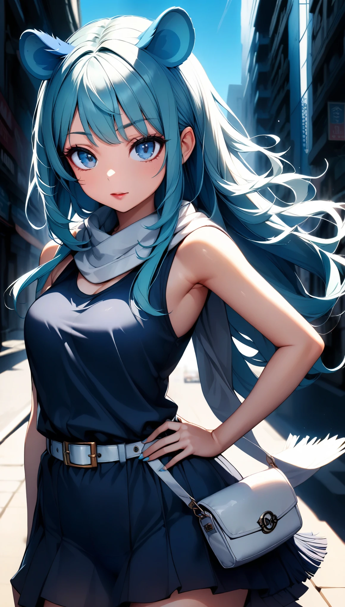 (1girl), (solo), ((aqua hedgehog ears)), Bulma Briefs hairstyle, ((aqua hair)), long hair, hair down, fringe_trim styled hair bangs, blue eyes, medium bust, blue dress, white bandanna-like scarf, sleeveless, white belt with small white bag attached on the side, makeup, light on the lipstick, eyelashes, one hand on hip, outdoors, daytime, mobian, mobius city, ((beautiful woman))