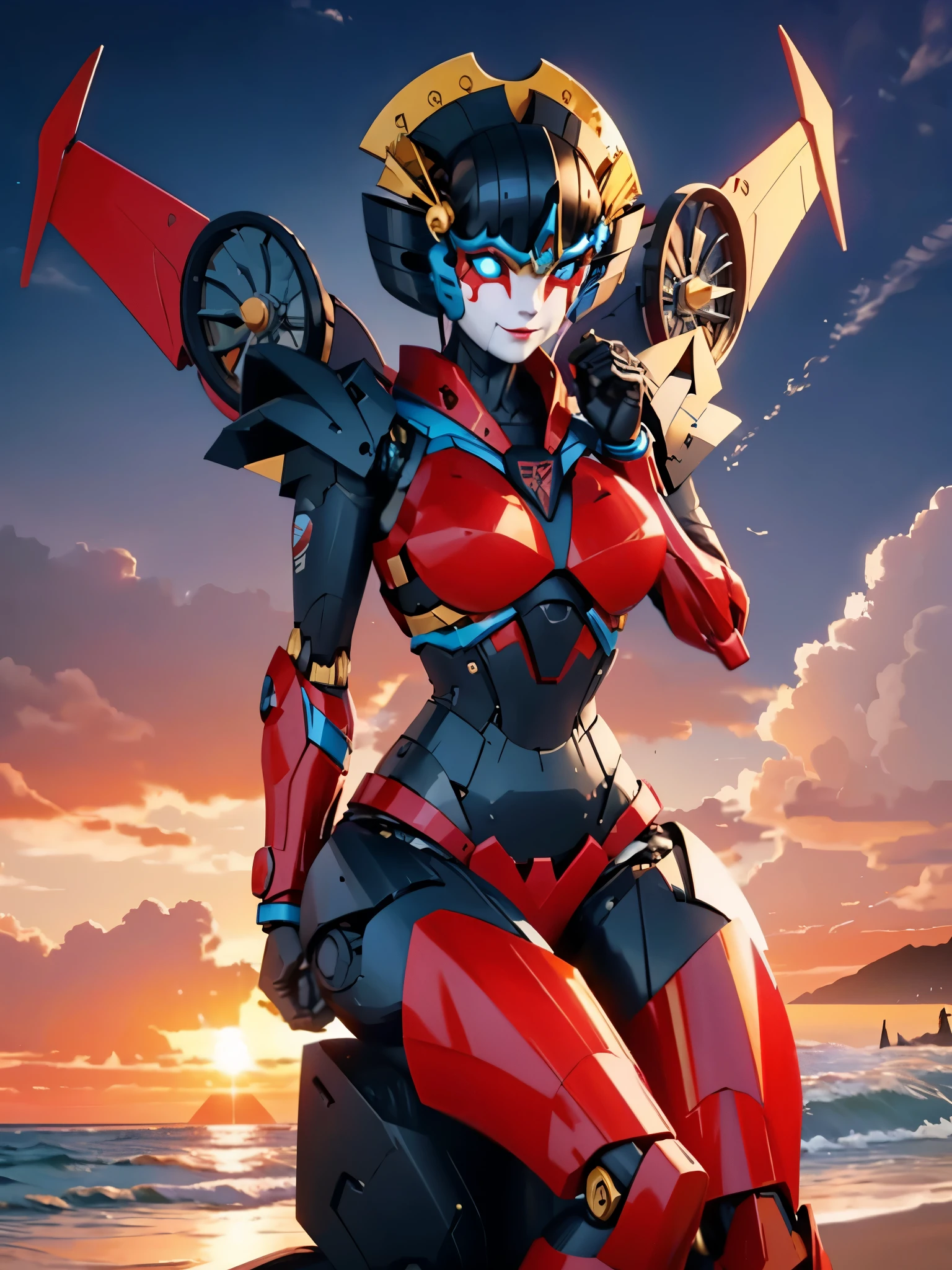 , robot, mecha, autobot, sexy pose, ((wings)), smiling, cute pose, sitting on a beach, sunset, windblade, Robot-Girl, wearing a sexy bikini