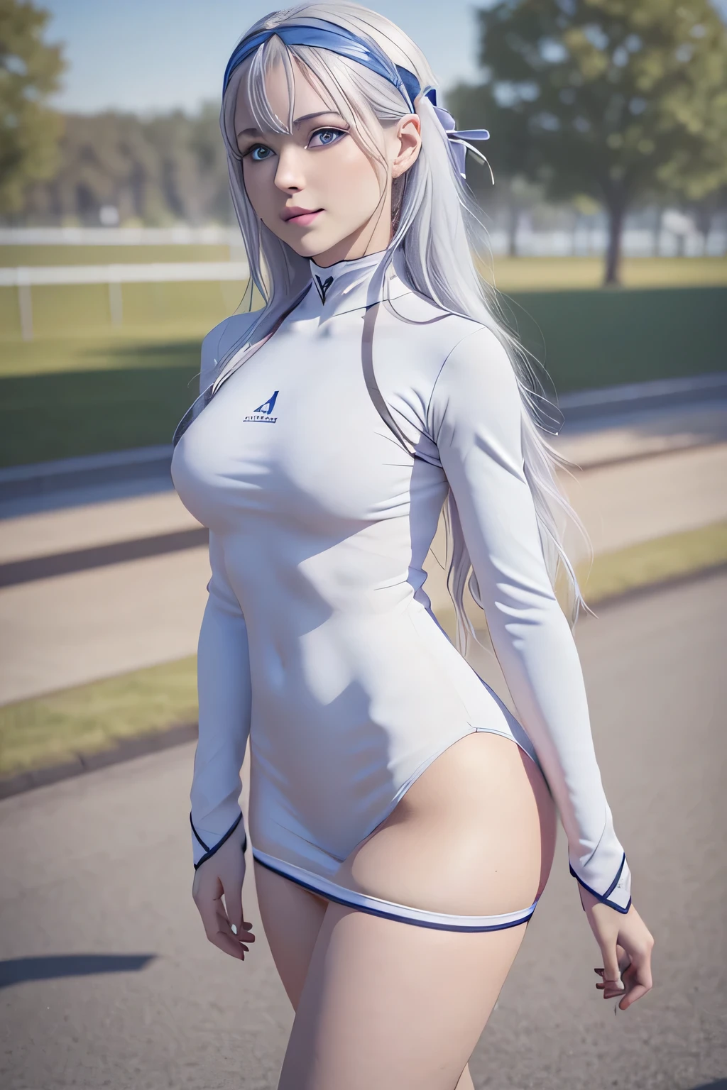 Alisa Mikhailovna,1 girl,long hair, Sexy tight and transparent thong,(dress so tight and a little high that you can see her correa)(8K,3D,high definition,4k),hair band,white hair,silver hair,blue eyes,light blue eyes,blue eyes, breasts,correa ,huge drowning, socks,posing in a park.