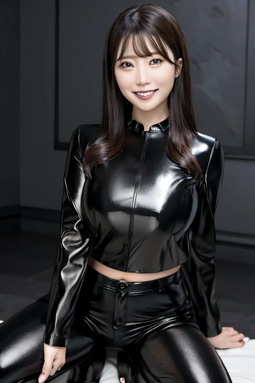 full body shot,1girl, riho matsumoto_jav, breasts, grin:0.3, parted lips, bangs,  wearing black shiny leather pants, wearing black shining blouse, wearing black boots
looking at viewer, shot using canon DSLR, cowboy shot,
detailed body, attractive body, perfect human body, realistic face,
(ultimate quality, masterpiece, highres:1.0), realistic:1.6, photorealistic