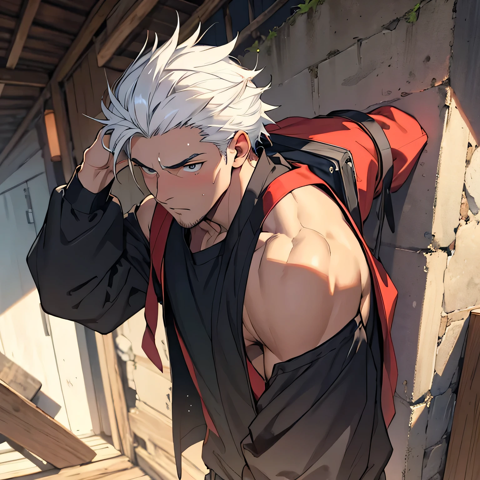 Perfect anatomy and highly detailed face, Delicate depiction of the eyes, Accurate drawing, Beautiful Hair, Detailed Background, Edgy, Illustration of one human male, The subject is a man in his late 20s, Red hoodie and black pants, Warm, loose-fitting clothing, , A casual fashion style where you wrap your jacket around your waist, Two falchions in their sheaths, A mercenary with two scimitars on his hips, A dual-wielding swordsman with his swords sheathed, Tanned or deep brown skin, White to silvery hair, Short Ponytail Hairstyles, His trademark thick black-rimmed glasses, Mafia with a cynical smile, A deeply wounded villain, A sarcastic man with a malicious smile, A young man with narrowed eyes laughing like a fox, The scene of a large-scale indiscriminate terrorist attack, Burning and collapsing building, I have inner loneliness, Deep down, I feel like life is hard, Jealousy and envy towards successful people, The insight and resignation that come from hard work and failure, Perverse Desperation,