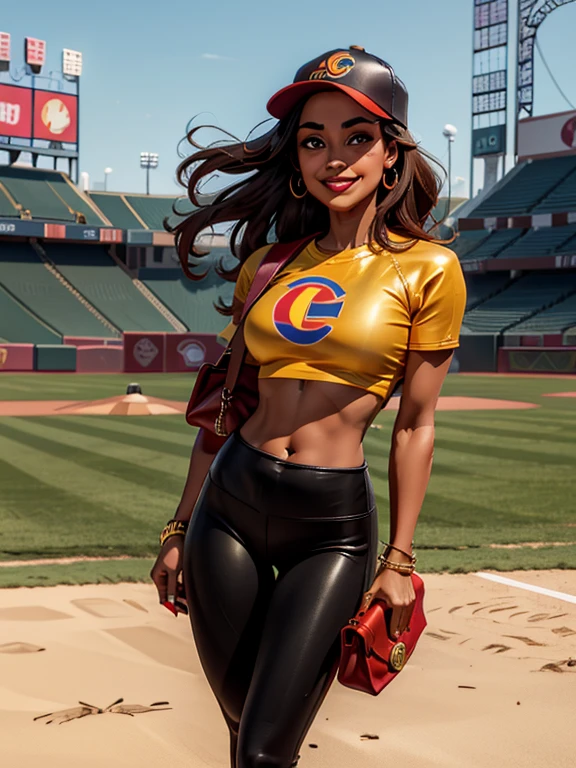 1girl, solo, wavy hair, amber-colored irises, tan-bronze skin, a mature and alluring woman in her mid-40s, she’s a Latino woman from Colombia, she's a baseball fan, red lipstick, mascara is applied to her face. (Carrying a handbag:1.3). (Wearing: Red baseball cap, skimpy red crop-top, Golden belly button piercings, Gucci branded black leather leggings). There is an amused smile on her face, she’s standing. Background: outdoors, baseball stadium
