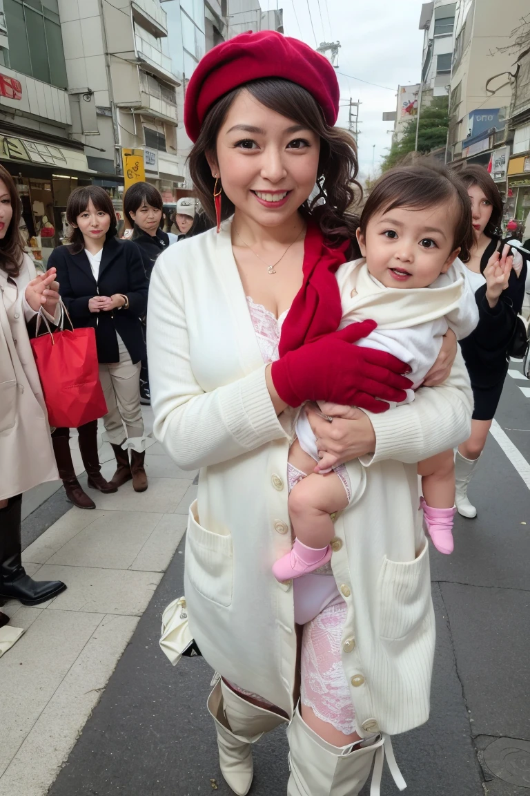 High image quality、high quality、High resolution、masterpiece、detailed、Portrait、RAW Photos、(Full Body Shot:1.0)、Japanese、(A neat and tidy 33-year-old woman:1.2)、(Light brown long curly hair:1.4)、(Smiling and looking at camera:1.0)、(Skinny body:1.5)、(Saggy tits:1.5)、(Her white cardigan is wide open:1.3)、(Wearing a red bra and panties:1.3)、(Carrying a shoulder bag or a luxury branded shopping bag or tote bag:1.5)、(A cute little beret、Beautiful stole、Cute gloves:1.3)、(Beautiful rings、Large earrings、Fancy Necklace:1.3)、(Wearing brown knee-high boots:1.3)、(At a busy intersection on a major street in Tokyo:1.3)、(She is surrounded by beautiful women:1.3)